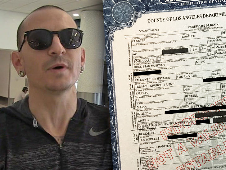 Chester Bennington's Death Certificate, Suicide by Hanging with a Belt
