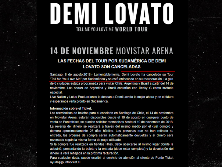 Demi Lovato cancels tour after entering rehab