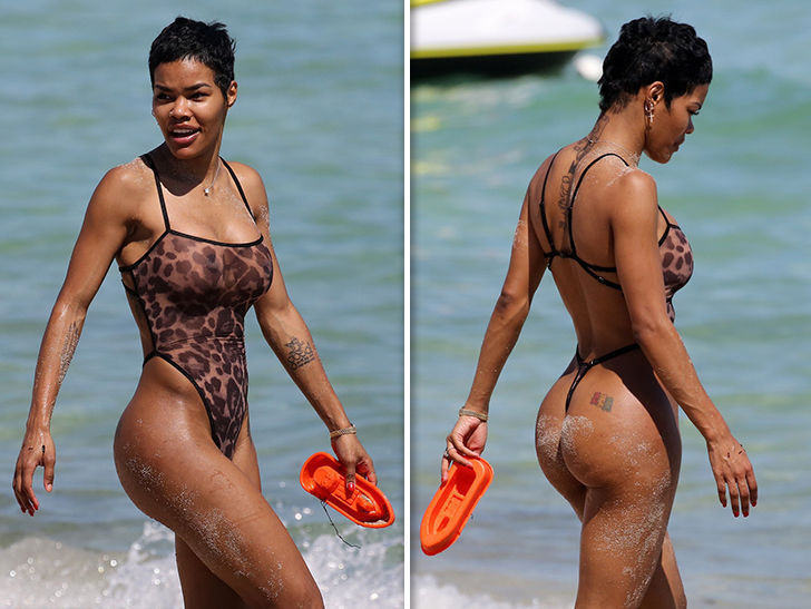 Teyana Taylor Rocks Leopard Print Sheer Thong Bodysuit in Miami
